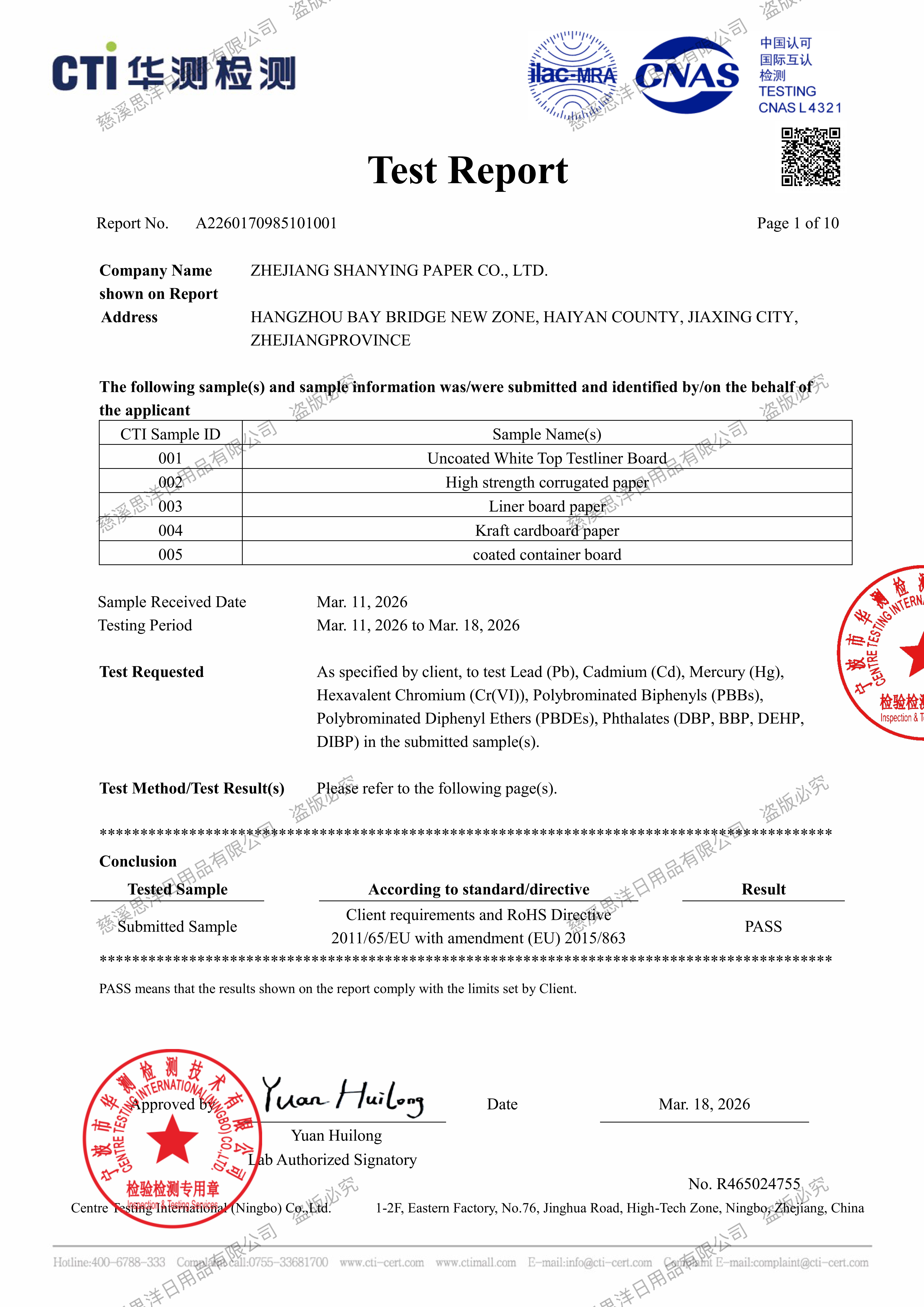 Packaging Paper RoHS report