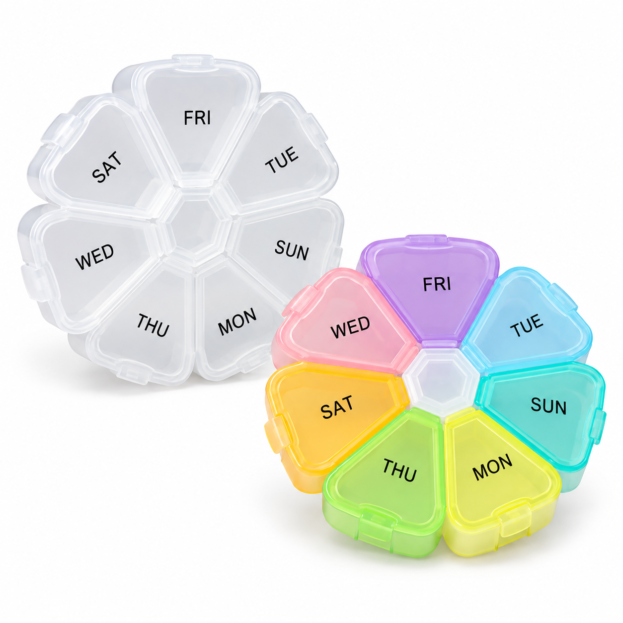 7-day pill organizers in multiple colors